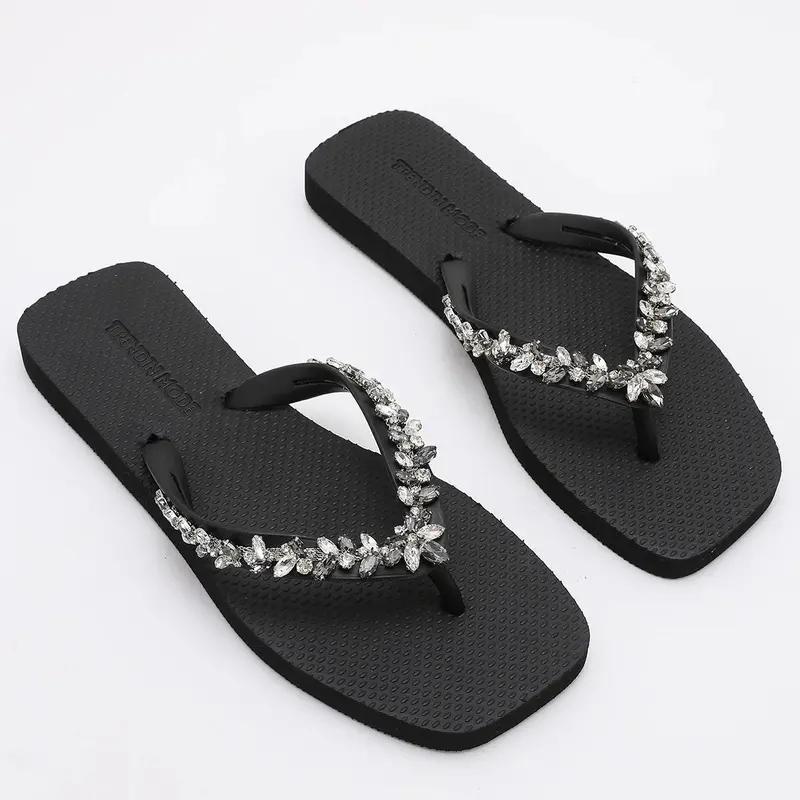 Women's Fashion Flip Flops - Casual Flat Sandals, Quick Slip-On, Non-Slip Sole, Breathable Lightweight, No-Heel, Synthetic Strap, Open-Toe, Rhinestone Trim Summer Shoes for Women