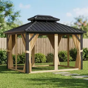 Garvee 10 x12ft Hardtop Gazebo with Nettings & Curtains, Durable Galvanized Steel Frame and Vertical Striped Canopy for Patio Backyard Deck or Garden, Khaki