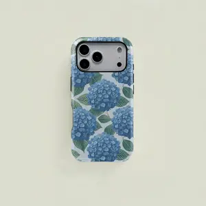 This light blue watercolor-style protective case features a fresh hydrangea and leaf pattern. It's a durable 2-in-1 case suitable for iPhone 17/16/15/14/13/12/11 Pro Max/Plus/Pro and Samsung Galaxy S25/S24/S23 Ultra series. A simple and stylish phone case