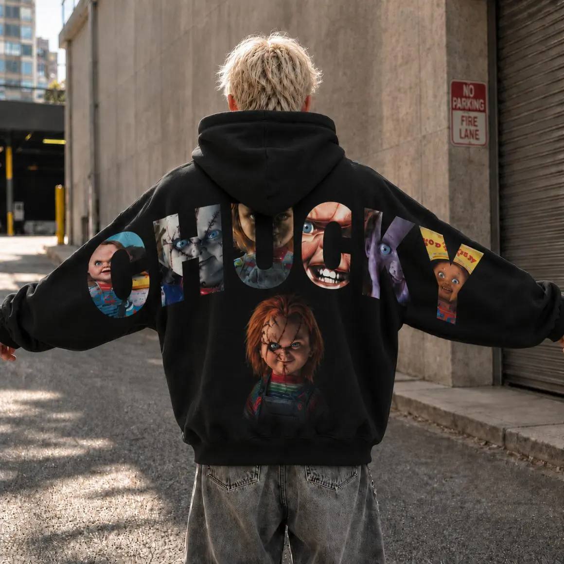 Killer Doll Horror Shoulder-to-Shoulder Back Lettering Sweatshirt Hoodie, Oversized Unisex Halloween Pullover Sweatshirt, Scary Movie Back Print Streetwear