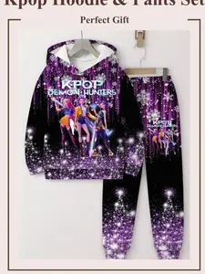 New Girls' Anime Group Kpop 3D Print Set, Hooded Sweatshirt & Sweatpants Two-Piece, Spring Fall Kids Fashion
