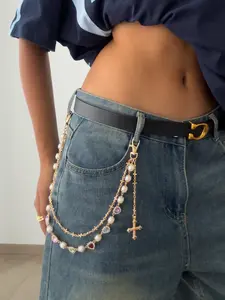 Vintage Glamour Rhinestone Faux Pearl Waist Chain, Women's Hip Hop Street Style Cross Pants Chain, Trendy Fashion Accessory Bling Chain, Body Jewelry