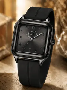 Men's Modern Square Watch, All Black Cyberpunk Design with Arabic Dial, Lightweight Waterproof Silicone Quartz Wristwatch, Watches