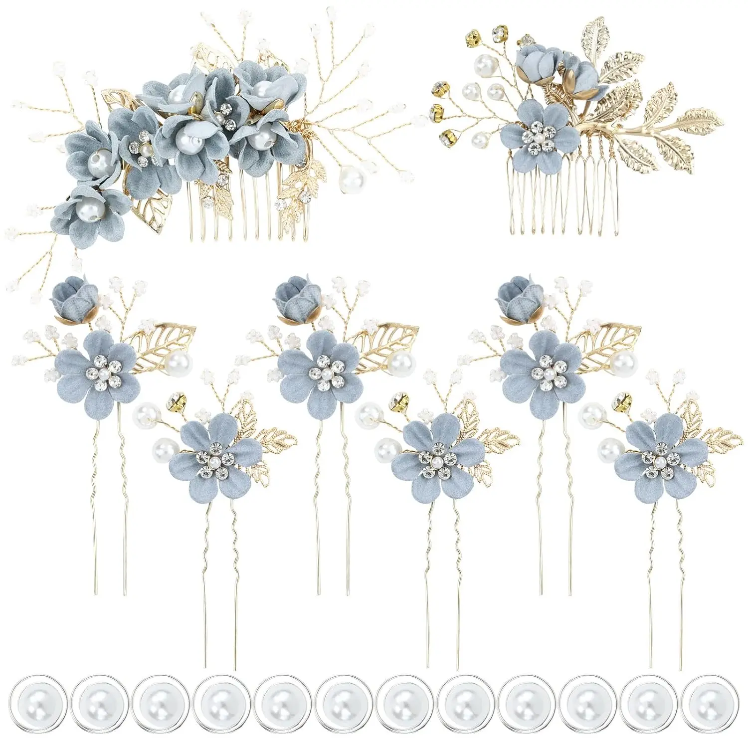 20 PCS Classy Dusty Blue Flower Bridal Wedding Hair Side Combs+Floral Hair Pins+Twist Spiral Pearl Hair Pins Clips Pieces Formal Prom Headpieces Accessories for Brides Bridesmaids Women Girls