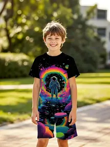 Boys' 3D Short Sleeve Set, Fantasy Neon Color Rainbow Space Astronaut Print, Casual Two-Piece, Perfect for Outdoor, Holidays, Birthday Gifts