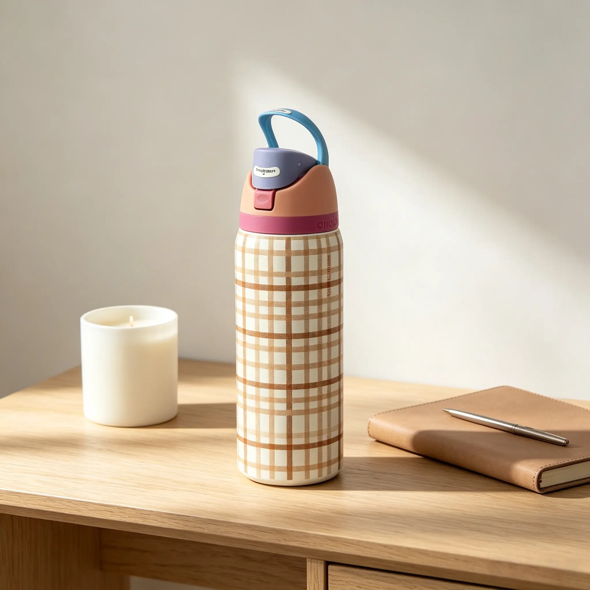 Owala 32oz Warm Neutral Tan Gingham Plaid Insulated Water Bottle with Flip Sip Lid, Retro Tartan Check Style Stainless Steel Travel Cup, Leakproof BPA-Free Cup for School & Outdoor Trips Drinkware Flasks Tumbler Mug Bottled Portable