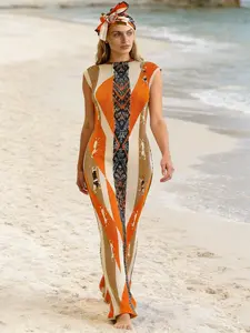 1dress+1scarf Stretchy Sleeveless Pleated Maxi Dress – Rust Orange Tribal Print Bodycon Gown for Beach, Party & Evening Events | FREE Matching Headwrap Included Womenswear