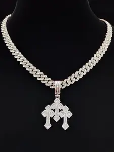 Artificial Zircon Cross Medallion Pendant Necklace, 9mm Cuban Chain, Chunky Cross Necklace, Unisex Hip Hop Punk Jewelry, Fashion Vintage, Daily Wear, Party, Gift, Gemstone Necklace