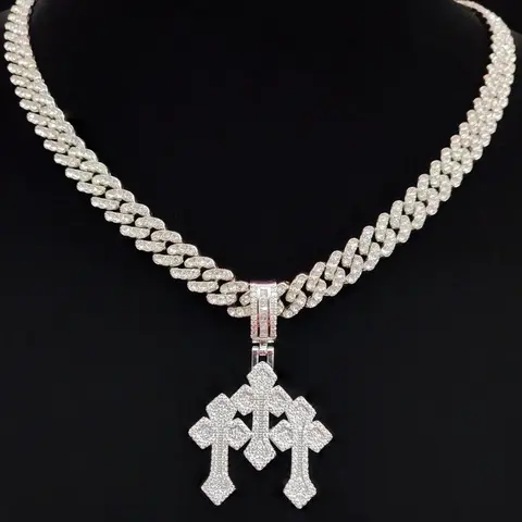 Cubic Zirconia Cross Medallion Pendant Necklace with 9mm Cuban Chain, Chunky Unisex Hip-Hop Punk Jewelry, Vintage Fashion Accessory for Daily Wear, Parties, and Gifts