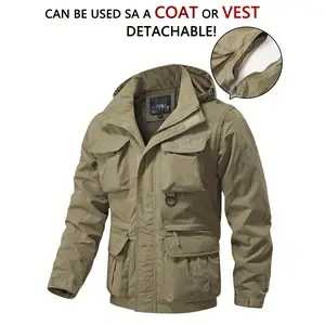 Detachable Windbreaker Hooded Jacket, Men's Casual Waterproof Multi Pocket Cargo Jacket Vest For Outdoor Activities