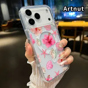 Compatible for iPhone 17 Pro Max Air Promax Case Tropical Floral Seashells Pattern Magnetic Transparent Acrylic Back TPU Edges Support Wireless Charging Phone Cover