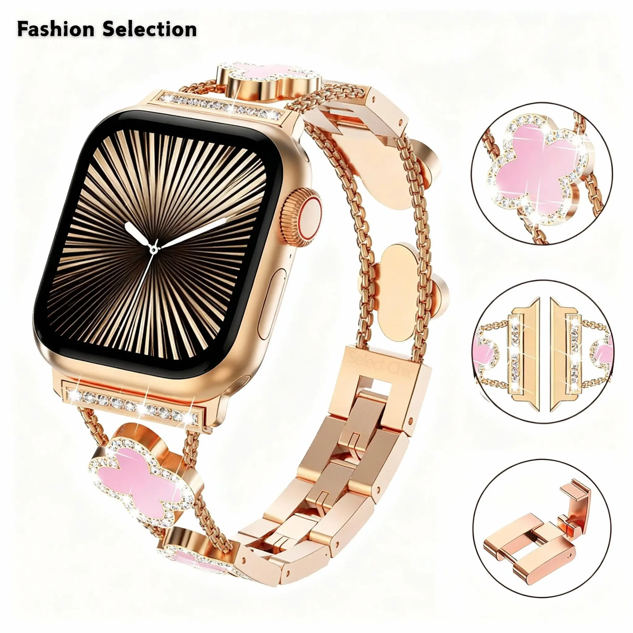 Fashion selection clover stainless steel smart watch strap, luxury bracelet strap compatible with smart watch series
