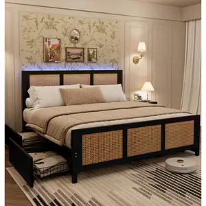 Black Rattan Bed Frame with Headboard,Boho Cane Platform King Size Bed Frame with 4 Drawers,Strong Metal Slats Support,Noise Free,No Box Spring Needed