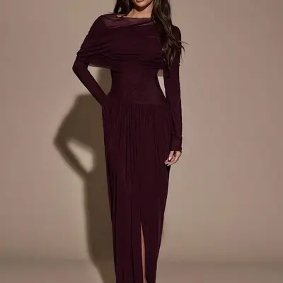 navy formal dress long sleeve Sheath Off-The-Shoulder Long Sleeves Satin/Sequined Prom Dresses, Navy Blue / 2