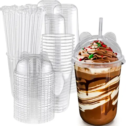 50-Set 16oz Polyethylene Terephthalate Beverage To Go Cups - Cold Drink Ready, Lid+Straw Per Cup, Includes Lids & Straws, Hand-Held Kitchenware for Home/Office, Business Use, sohochic