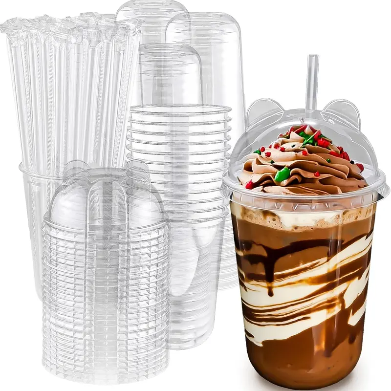 50-Set 16oz Polyethylene Terephthalate Beverage To Go Cups - Cold Drink Ready, Lid+Straw Per Cup, Includes Lids & Straws, Hand-Held Kitchenware for Home/Office, Business Use, sohochic