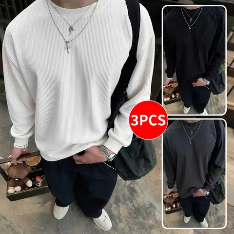 3-pack / 1-pack Men’s old money style vertical ribbed crew neck long sleeve top, loose drop shoulder solid casual style, soft textured fabric, versatile basic everyday pullover long sleeve shirt