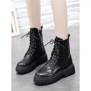 Women's Fashionable Solid Color Lace Up Front Platform Boots, Casual Warm Boots, Casual Comfortable Round Toe Boots for Daily Wear, Female All-match Trend Shoes for Fall & Winter, Valentine's Day, Gift