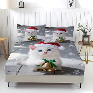 Set of 3 Christmas Cat Pattern Fitted Sheets, Comfort Printed Pattern, Includes 1 Flat Sheet and 2 Pillowcases, Comfortable Bedding, Anti-Slip Dust Cover for Bedroom and Guest Room, Great Gift for Kids and Adults