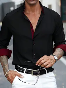 Men's Fashion Casual Formal Colorblock Long Sleeve Button Up Shirt, Solid Pattern, Fitted Style, All Seasons Wear, Perfect for Daily Use