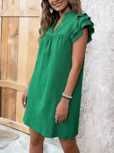 A women's solid color fashionable casual multi-layer ruffled sleeve V-neck pullover dress, suitable for summer, daily casual wear, vacations, dates, gatherings, and othr occasions.