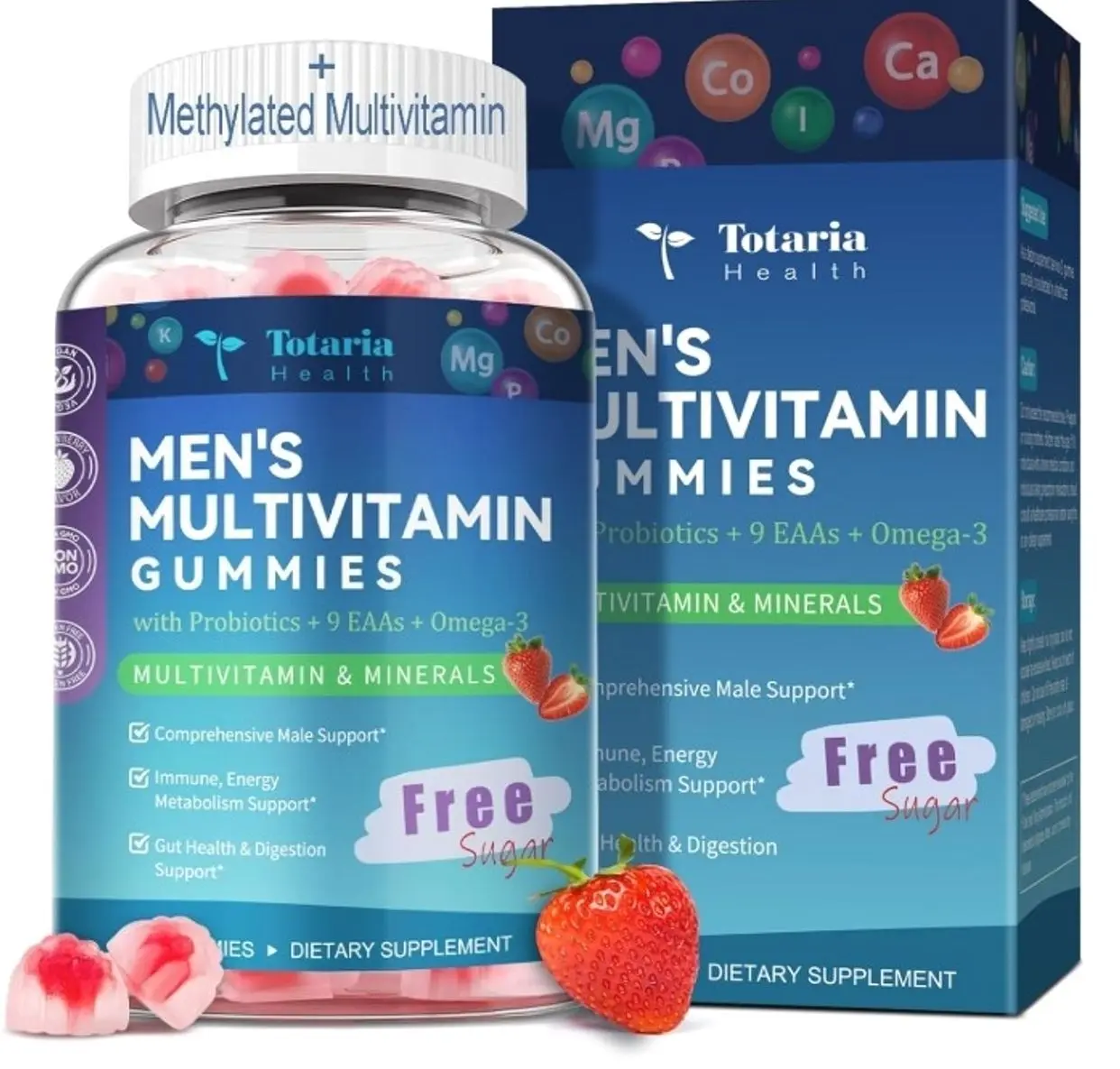 Sugar Free Multivitamin for Men with Omega 3, Probiotics, Mens Multivitamins Gummies w/Methylated B Complex, EAAs, Lycopene, Zinc, for Daily Energy, Immune, Heart, Iron Free, 60 Count
