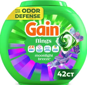 Gain Flings Liquid Washing Detergent Pods with Odor Defense + Color Guard, Moonlight Breeze Scent, 4-in-1 Liquid Laundry Detergent Pacs, Clean & Fresh, 42 Count
