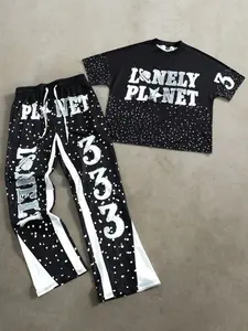 Men's Letter Print Round Neck Short Sleeve T-Shirt with Drawstring Waist Wide Leg Pants, Casual Slim-Fitting Suit for All Seasons