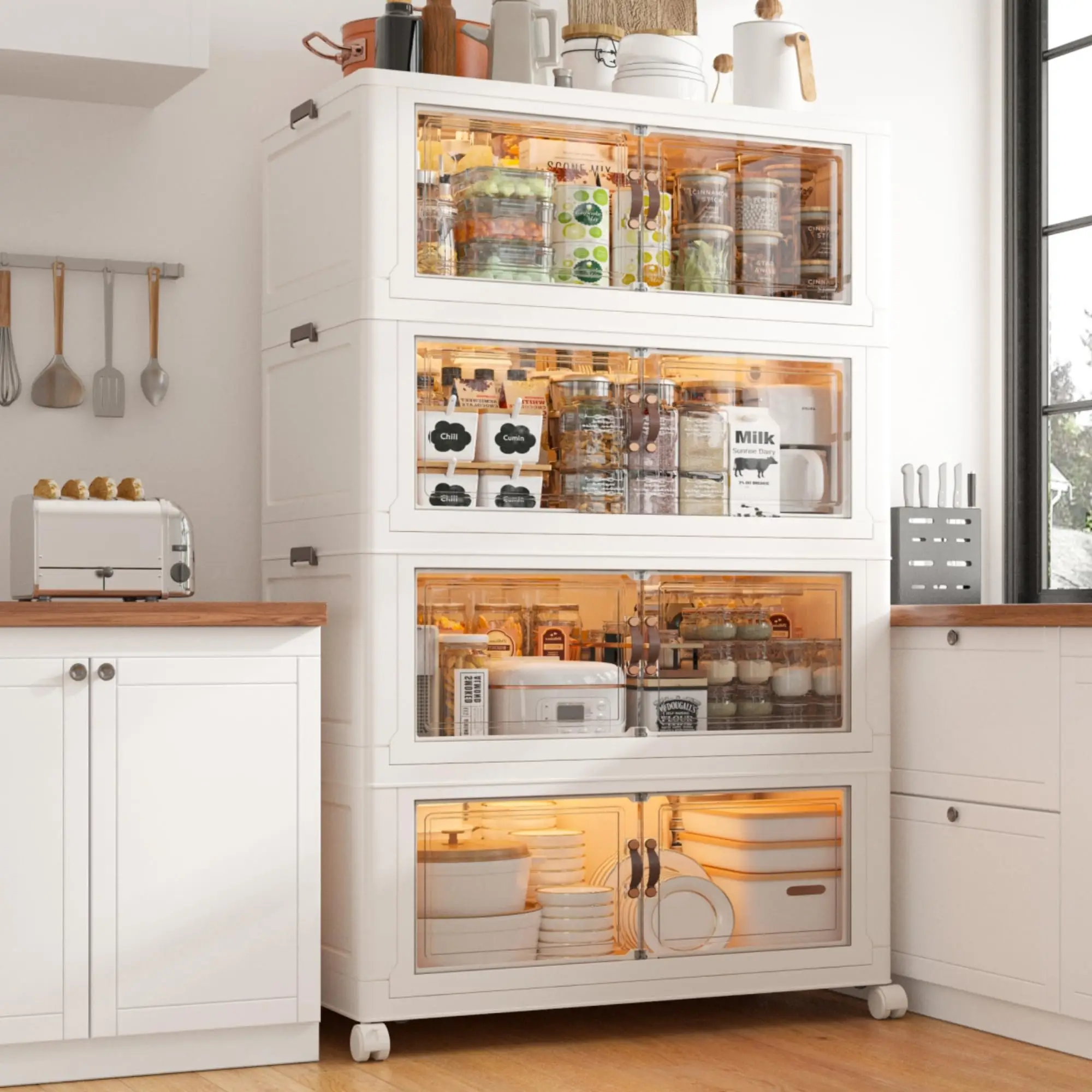 RaybeeFurniture Stackable Storage Containers with Wheels & Lid Large Plastic Foldable Organizers for Home Office, Ideal for Clothes, Books, and More