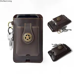 Vintage Cowhide Belt Waist Bag for Men - Multifunctional Phone & Card Holder with Keychain Genuine leather Belt Bag hiking waist bag Leather phone case with belt loops cell phone holster Keychain Holder bag  for Outdoor Hiking Travel bag hip bracelet