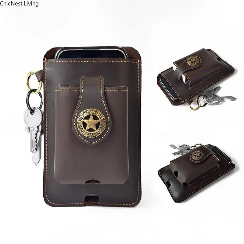 Vintage Cowhide Belt Waist Bag for Men - Multifunctional Phone & Card Holder with Keychain Genuine leather Belt Bag hiking waist bag Leather phone case with belt loops cell phone holster Keychain Holder bag  for Outdoor Hiking Travel bag hip bracelet