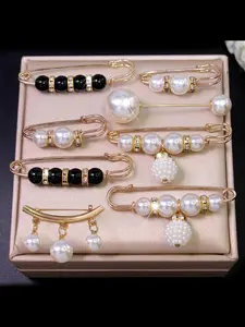 8pcs/Set Faux Pearl & Rhinestones Decorated Brooch Flower Brooch Pin Drop Set Pins