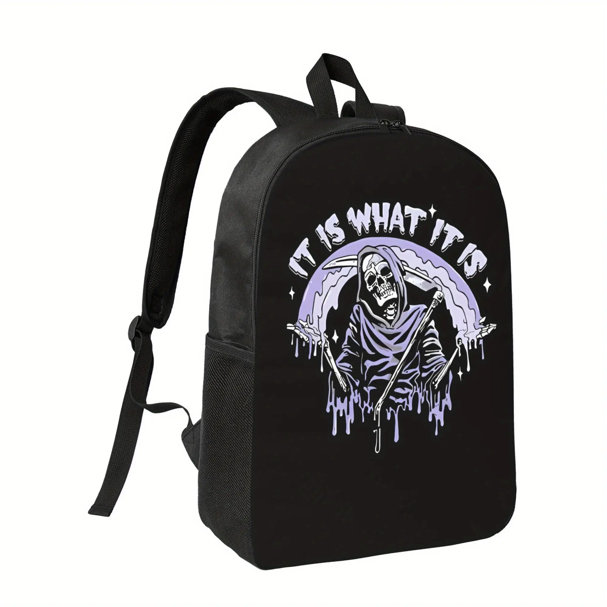 Witllent Men's IT IS WHAT IT IS Backpack - Gothic Skeleton Graphic & Purple Drip Design, Lightweight Daypack with Multiple Compartments, Adjustable Shoulder Straps - for School, Office, Travel - Black Bag with Edgy Streetwear Style, Backpack for Travel