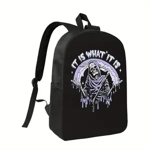 Witllent Men's IT IS WHAT IT IS Backpack - Gothic Skeleton Graphic & Purple Drip Design, Lightweight Daypack with Multiple Compartments, Adjustable Shoulder Straps - for School, Office, Travel - Black Bag with Edgy Streetwear Style, Backpack for Travel
