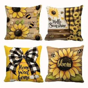 4pcs-Spring Themed Throw Pillow Covers, Featuring Blooming Sunflowers, Bees, Checkered Bows, Home Spring Décor Products, Suitable Living Room, Bedroom, Sofa and Bed Decoration, 2D Flat, Single Sided Printing, No Pillow Core