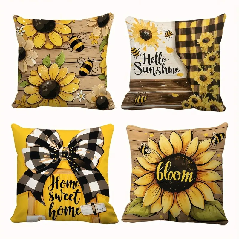 4pcs-Spring Themed Throw Pillow Covers, Featuring Vibrant Blooming Sunflowers, Bees, Checkered Bows, Home Spring Décor Products, Suitable Living Room, Bedroom, Sofa and Bed Decoration, 2D Flat, Single Sided Printing, No Pillow Core