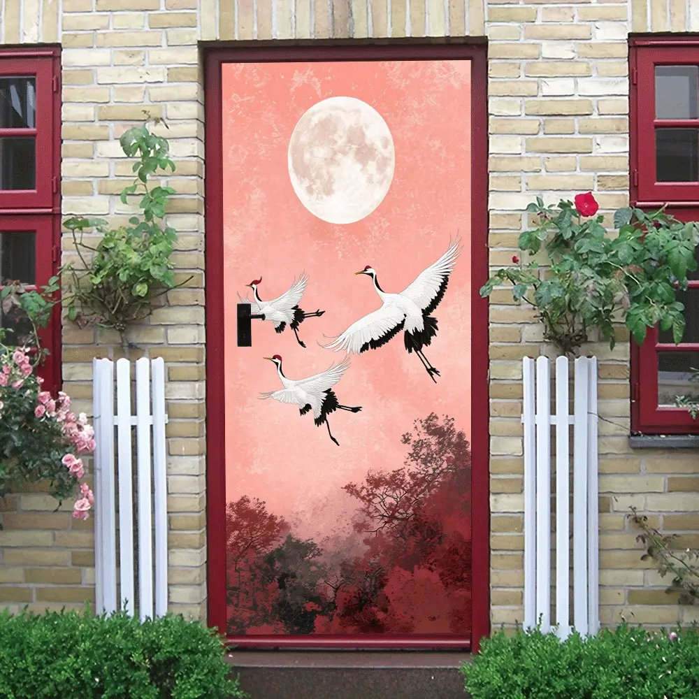 2pcs Chinese Style Crane and Moon Wall Stickers Self Adhesive Removable Decals for Living Room Bedroom Home Decor Festival Decoration Art Mural