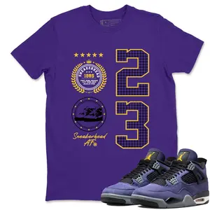 Unisex T-shirt To Match Sneakers Jordan 4 Purple and Gold Sportswear - Sneaker Emblem. 100% Cotton for Casual Wear. Comfortable Summer Unisex T-Shirt to match Jordan Sneaker. Streetwear Style. urban outfitters Los Angeles Basketball Style