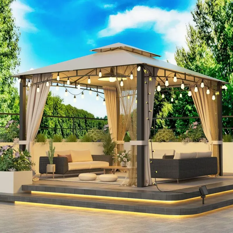 10x12 Heavy Duty Galvanized Steel Gazebo Canopy Tent with Double Roof, Mosquito Net & Sunshade Curtains - Detachable Side Walls for Garden, Patio, Backyard, Outdoor Weddings & Parties - Instant Setup Large Shelter with Durable Metal Frame