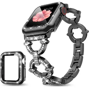 *wba-044-lyz Compatible with Apple Watch Band 38mm 40mm 41mm 42mm 44mm 45mm 46mm, Women Bling Jewelry Bands with Tempered Glass Screen Protector Case, Shiny Strap for iWatch Series 10/9/8/7/6/5/4/3/2/1/SE