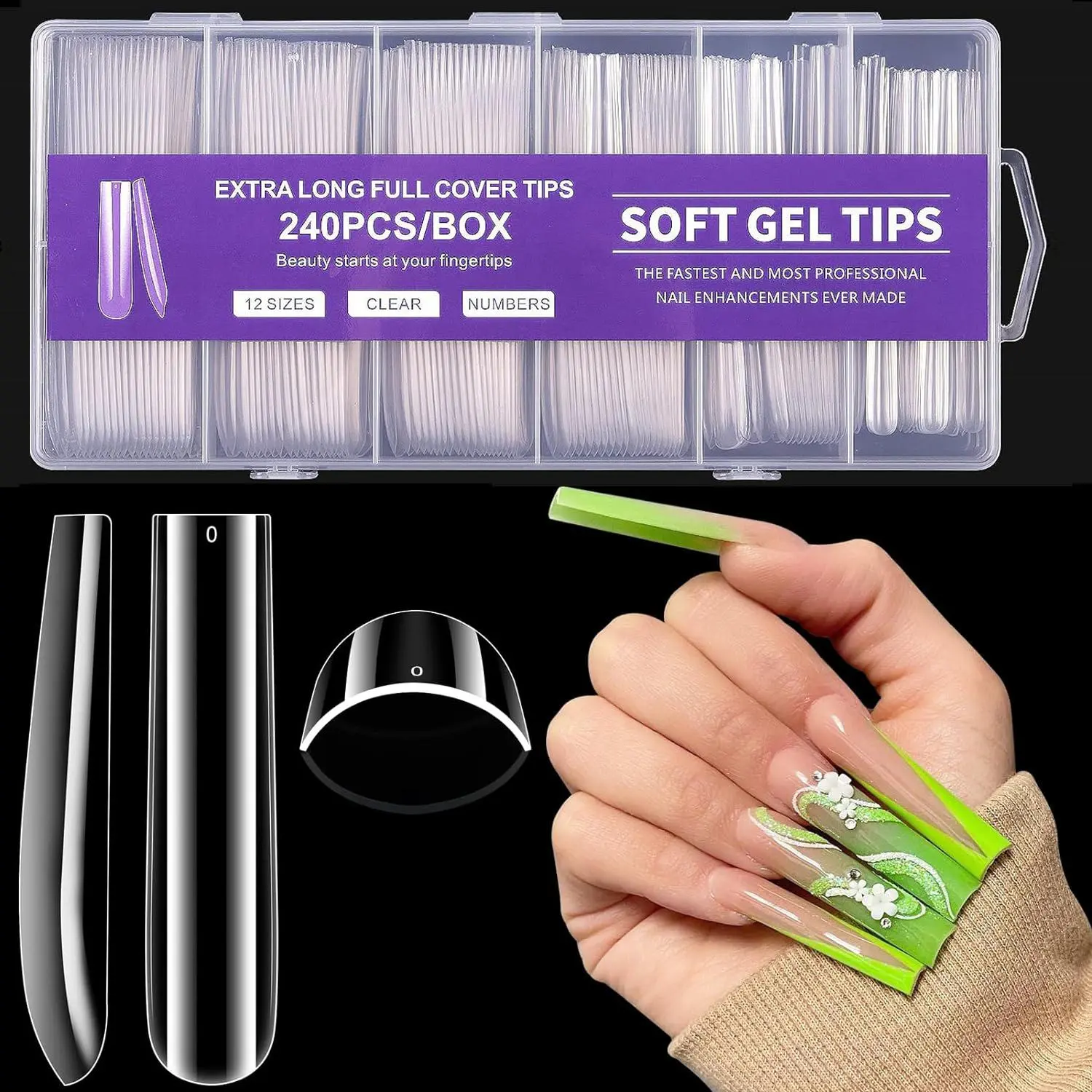 Extra Long Full Cover Soft Gel Tip for Acrylic Nails, 1 Box/2 Boxes Professional Transparent Full Cover Press-On Nails, Reusable DIY Nail Art Kit for Women & Girls, Nail Extensions, Gelly Tips
