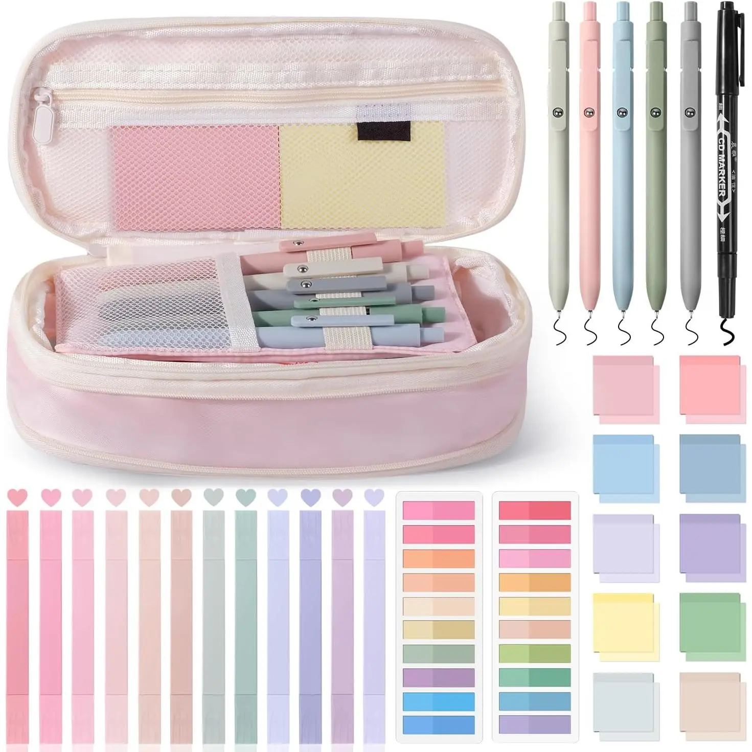 Practical & Aesthetic 49-Count Book Annotation Kit with Pencil Case Bag, 12 Dual-Ended Highlighters, Gel Pens, 1 Marker, 900 Transparent Index Tabs, 2 Sticky Index Tabs, 10 Transparent Sticky Notes for Work, Smooth & Precise Writing Office School Supplies