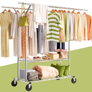 [RaybeeBrandyDay] Clothes Rack, with Wheels 265 LBS Adjustable Garment Rack Heavy Duty Clothes Rack for Hanging Clothes Rolling Clothing Rack with Double Shelves