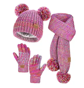Winter Hat Gloves Scarf Set, Fleece-Lined PomPom Beanie, Knit Long Scarf & Warm Mittens for School Student.Ideal christmas gifts for daughter granddaughter grandson niece