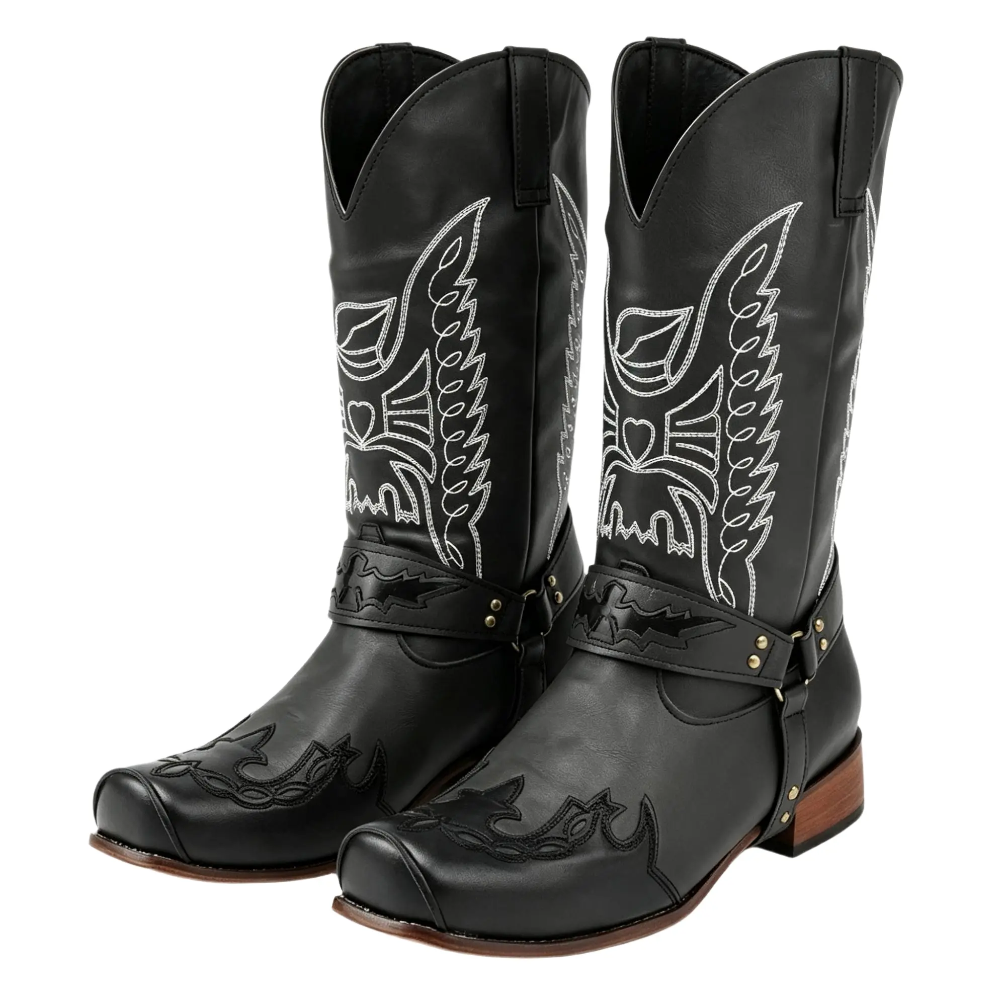 Men's Retro Western Cowboy Boots, Embroidered Faux Leather with a Gothic Bat Harness, Mid-Calf Square Toe with Wooden Heel, Shoe, Footwear