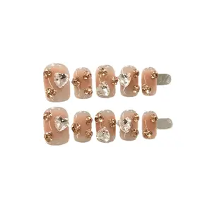 Luxury Blush Pink Reusable Acrylic Press-On Nails Set - Short Almond, Square Solid Shapes, Heart-Shaped Rhinestone, Stacked Champagne Gems, Easy-Apply Beauty Products for Nail Care & Personal Care