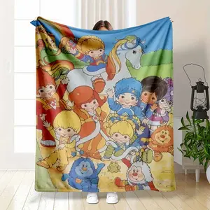 Rainbow Brite and Color Kids Retro 80s Cartoon Flannel Blanket Colorful Nostalgic Group Portrait with Starlite Horse and Sprites Art Print Soft Warm Cozy Lightweight Throw Ideal for Bedroom Sofa Office Travel Gift Decor Use