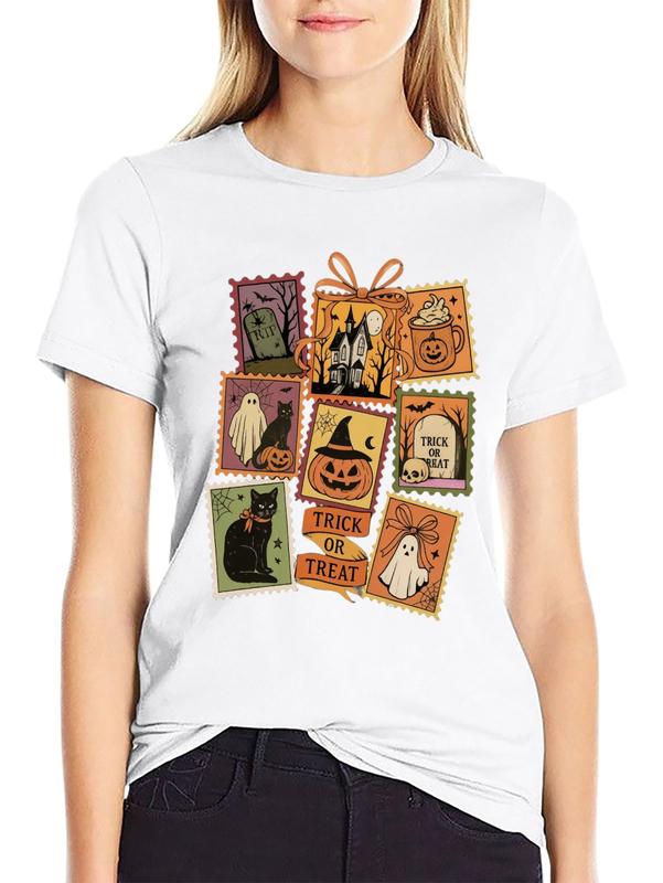 Women's Cotton Vintage Halloween Graphic Print T-Shirt - Crew Neck, Short Sleeve, Breathable Soft Fabric, Casual Fitted Garment, Retro Vibe Ghost Pumpkin Black Cat Stamp Collage Design