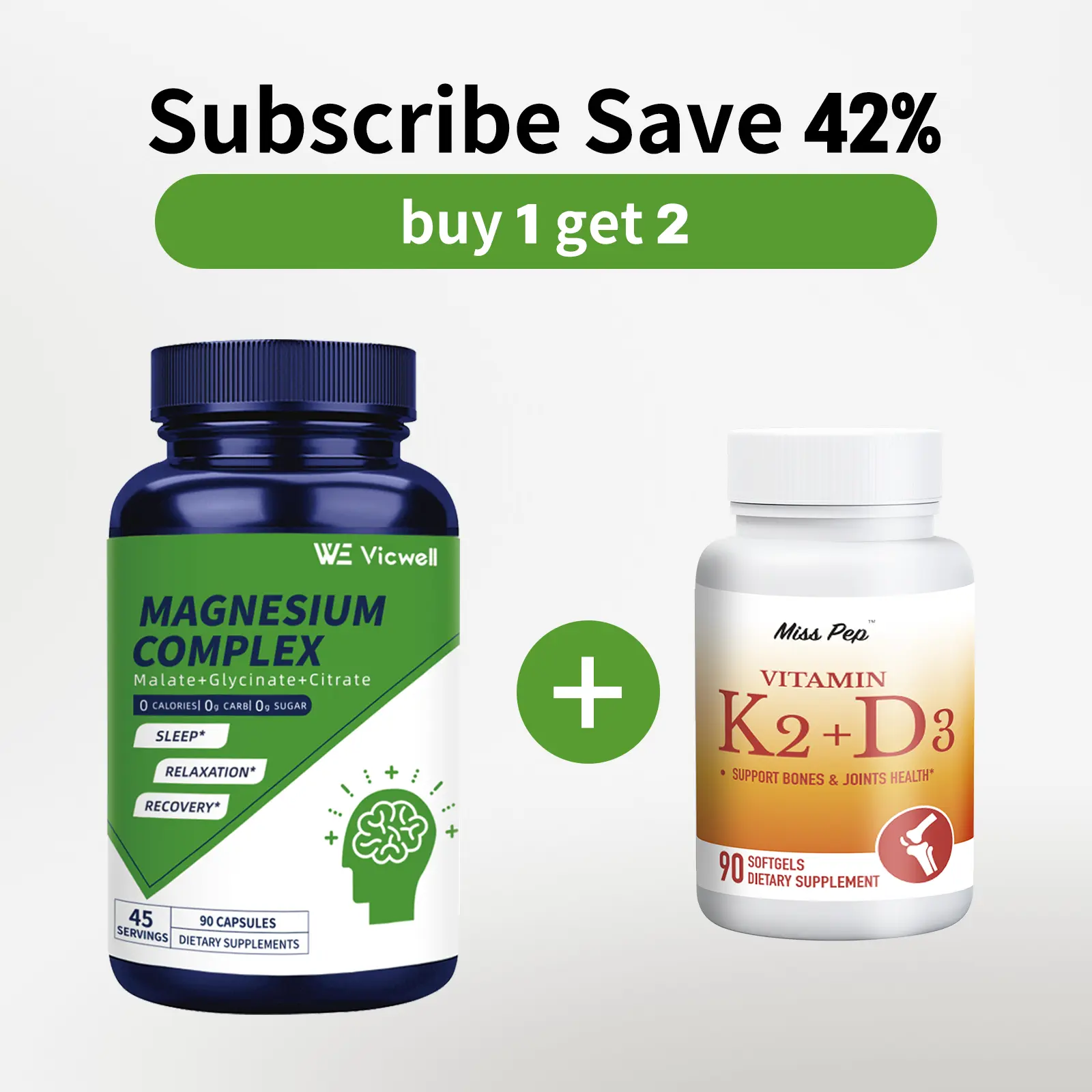 VICWELL Magnesium Complex+K2 D3 Sup bundle,plement | Magnesium Glycinate, Malate, Citrate for Muscle, Nerve, Heart & Bone Support, 90 Capsules