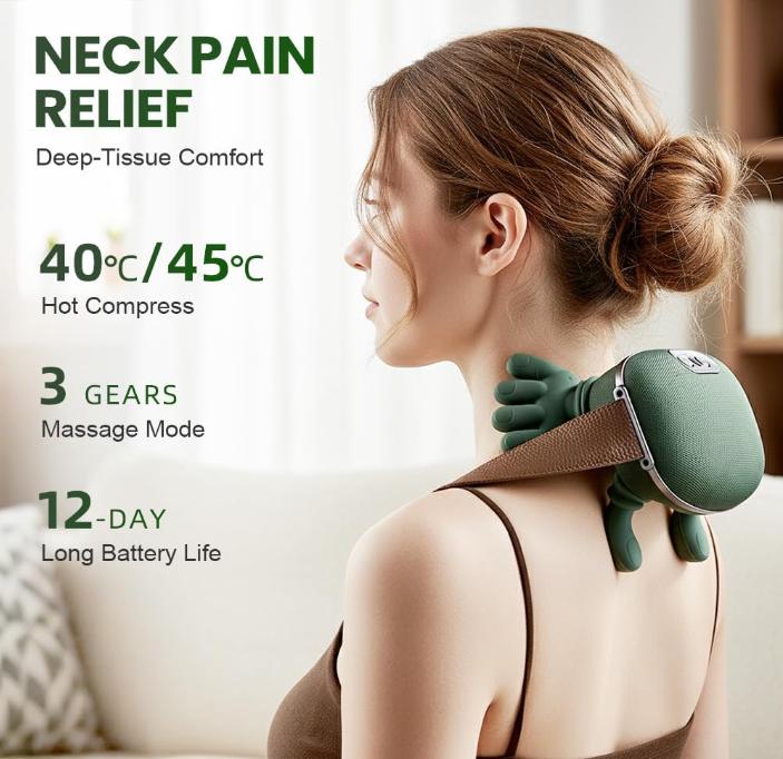 Bionic Heating Massager, Portable Acupressure Neck and Back Massager, Electric Deep Tissue 4D Kneading Massage, Designed to Mimic Human Hands for Pain Relief and Muscle Relaxation (Green)